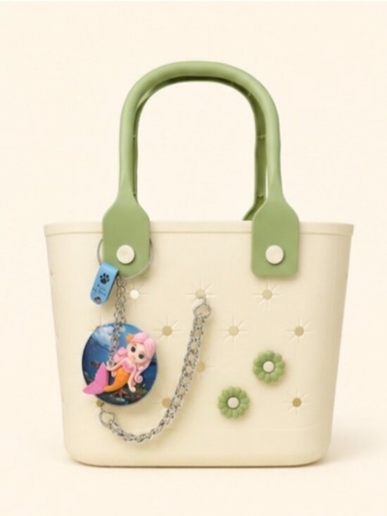 Handbags - Cream & Green Flower Tote with Mermaid Charm